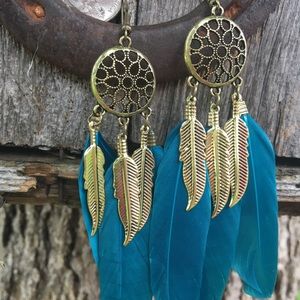Gold dream catcher earrings w/ teal feathers